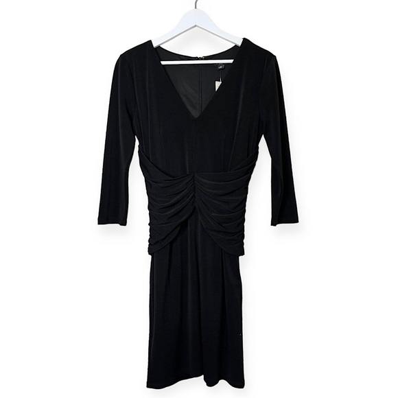 NWT Ann Taylor Women’s Ruched Waist V Neck Midi Dress‎ Black Size 8 - Picture 1 of 9